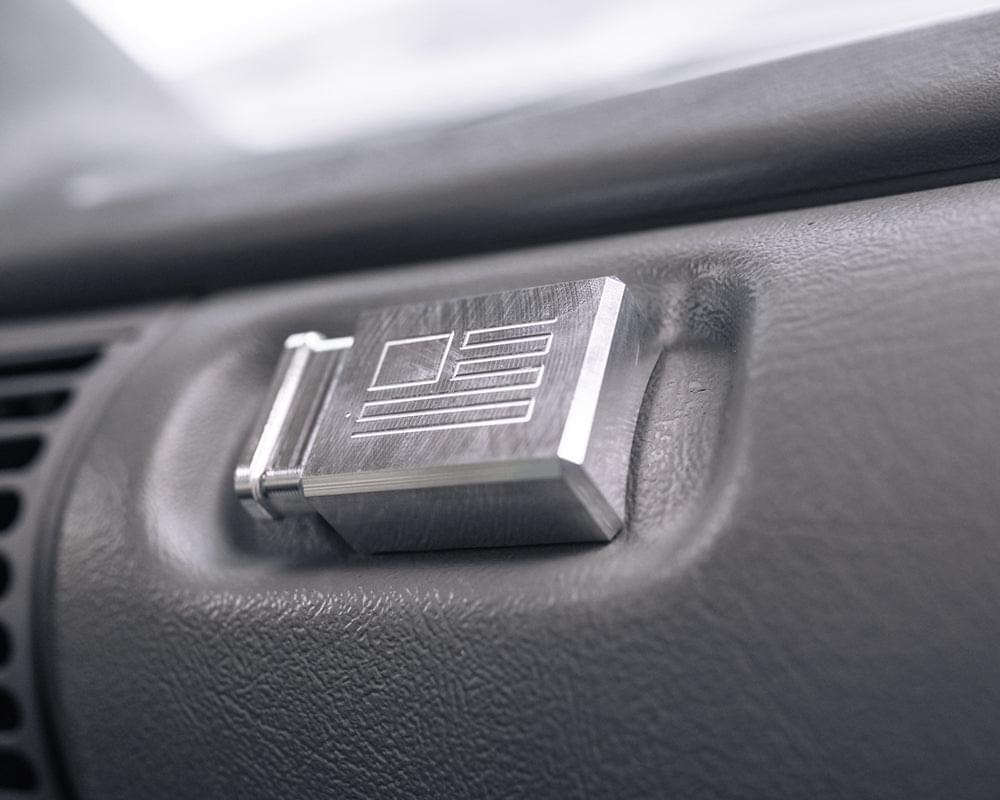 Chevy GMC OBS Silver Billet Glove Box Button Kit in car