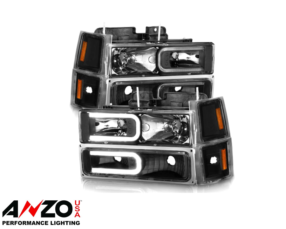 ANZO 88-98 Chevrolet C1500 Crystal Headlights w/ Light Bar Black Housing w/ Signal Side Markers 8Pcs