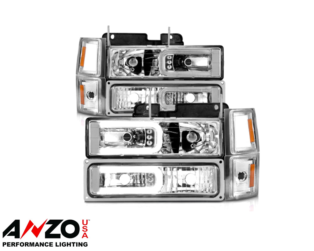 ANZO 88-98 Chevrolet C1500 Crystal Headlights w/Light Bar Chrome Housing w/ Signal Side Markers 8Pcs