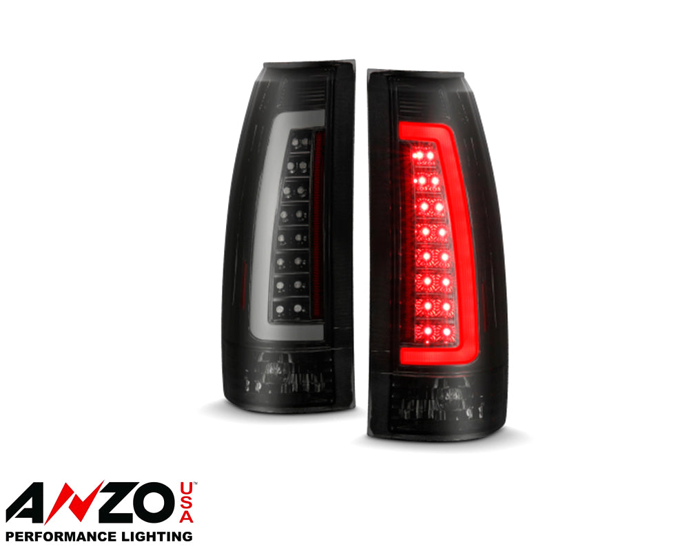 Par de luces traseras LED ANZO 1988-1999 C/K1500 con carcasa negra y lente ahumada 