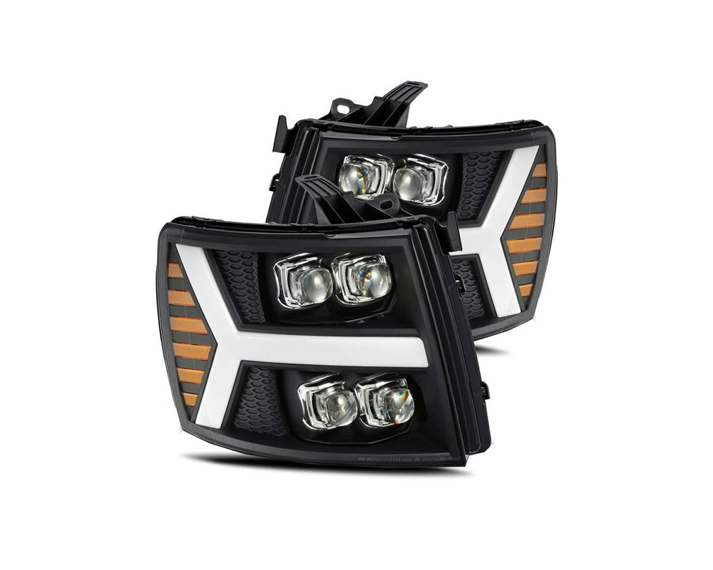 Faros delanteros tipo proyector AlphaRex 07-13 Chevy 1500 NOVA, estilo tablón, color negro mate, con luz activa y señal de secuencia