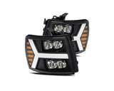 Faros delanteros tipo proyector AlphaRex 07-13 Chevy 1500 NOVA, estilo tablón, color negro mate, con luz activa y señal de secuencia