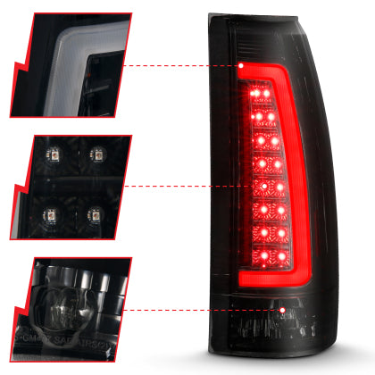 Par de luces traseras LED ANZO 1988-1999 C/K1500 con carcasa negra y lente ahumada 