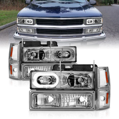 Faros delanteros de cristal ANZO 88-98 Chevrolet C1500 con carcasa cromada y luces de posición laterales 